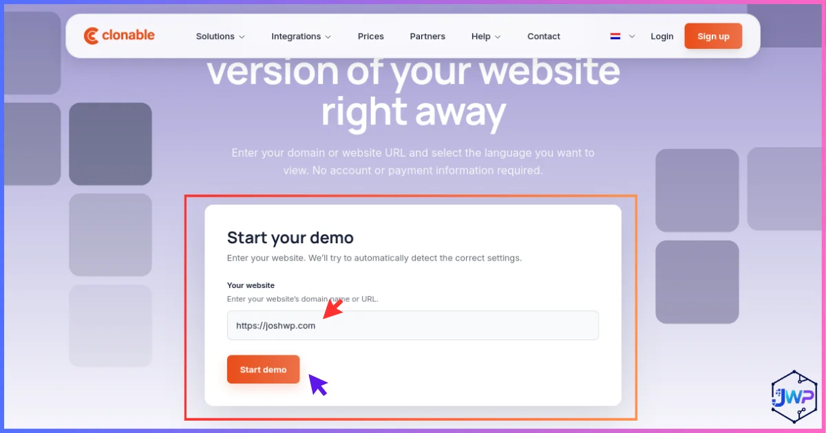 Clonable demo builder step 1 screen asking for the website URL