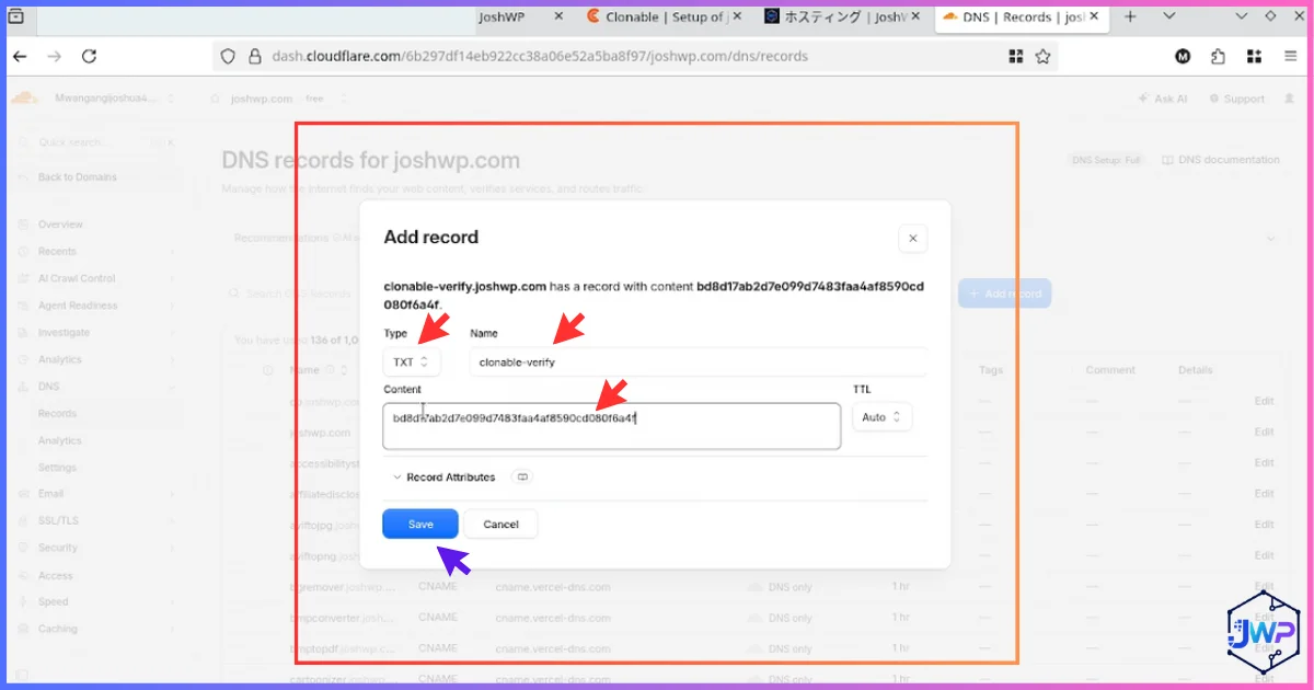 Cloudflare DNS panel with the Clonable verification TXT record added