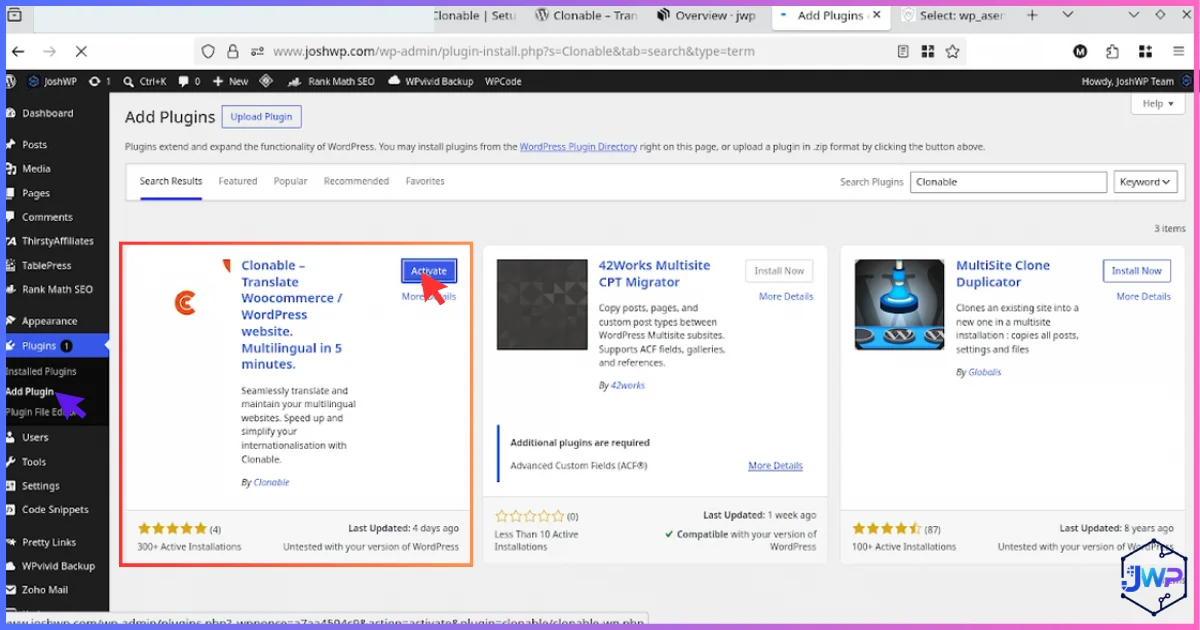 WordPress admin Add New Plugins screen with the Clonable plugin ready to install and activate