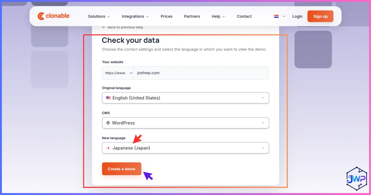 Clonable demo step 2 screen to confirm source language, CMS and target demo language