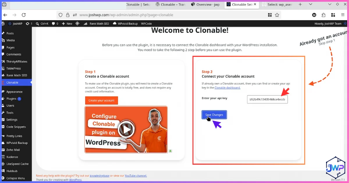 Clonable WordPress plugin settings screen with field for the API key