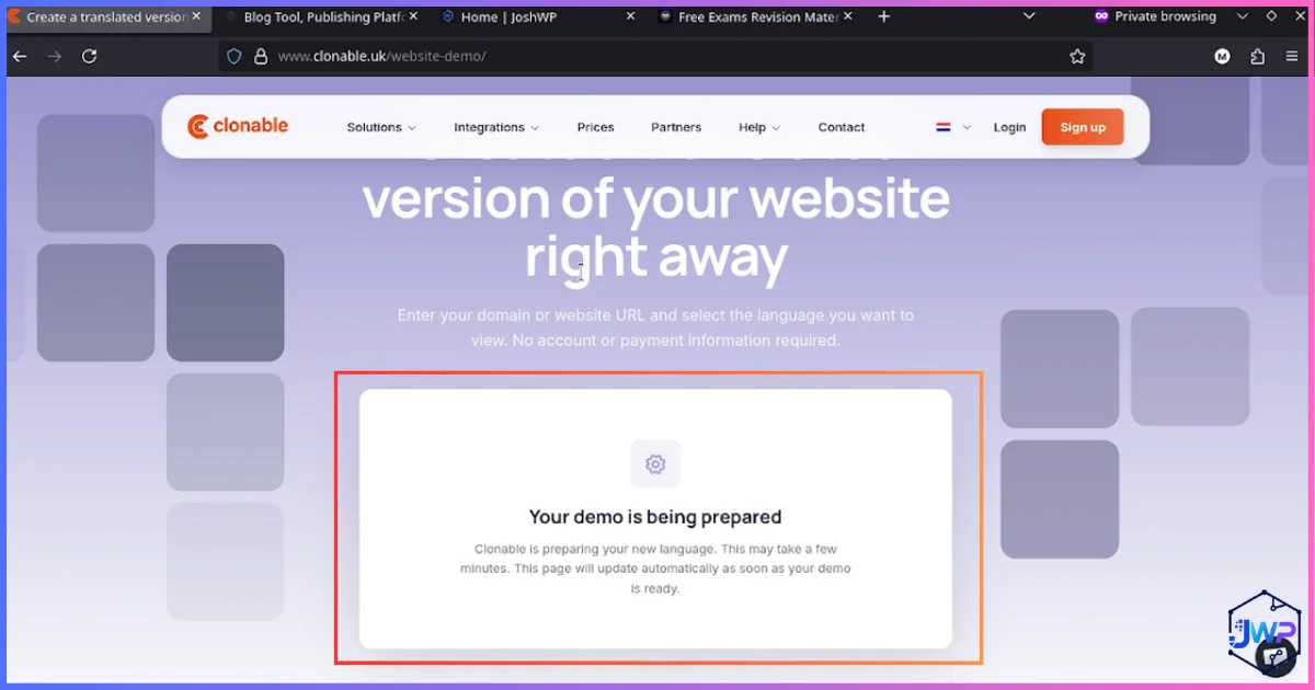 Clonable progress screen showing the demo being prepared in the cloud
