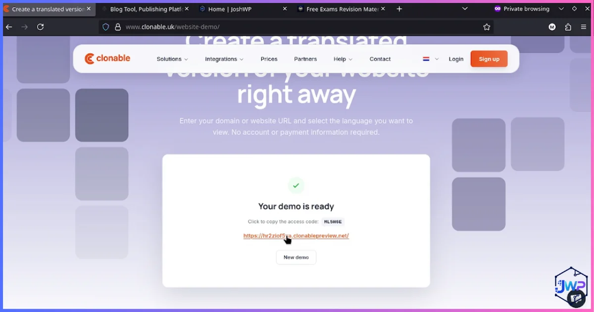 Clonable screen showing the demo is ready with a generated preview link