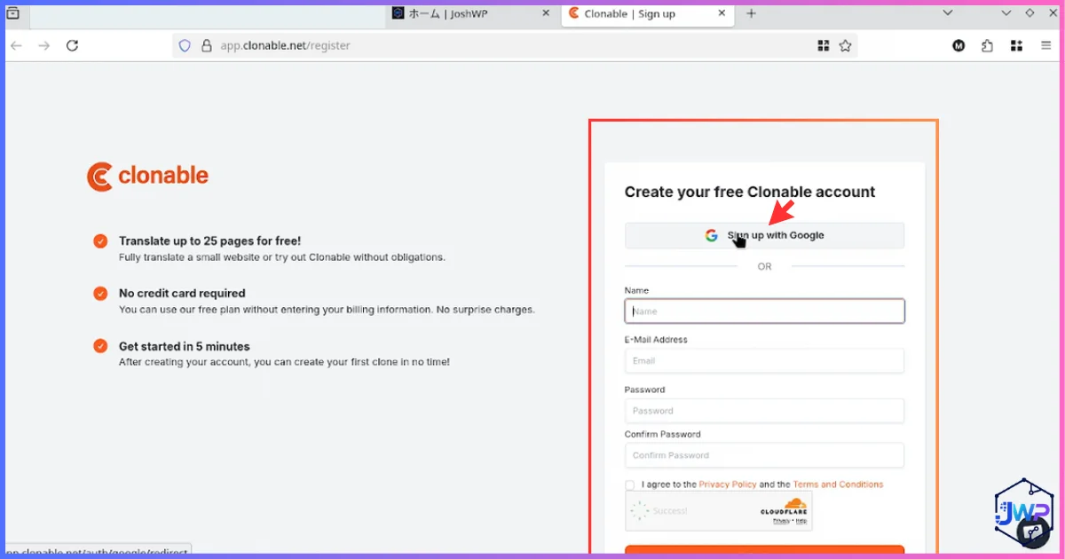 Clonable signup screen offering email or Google account registration for the free trial