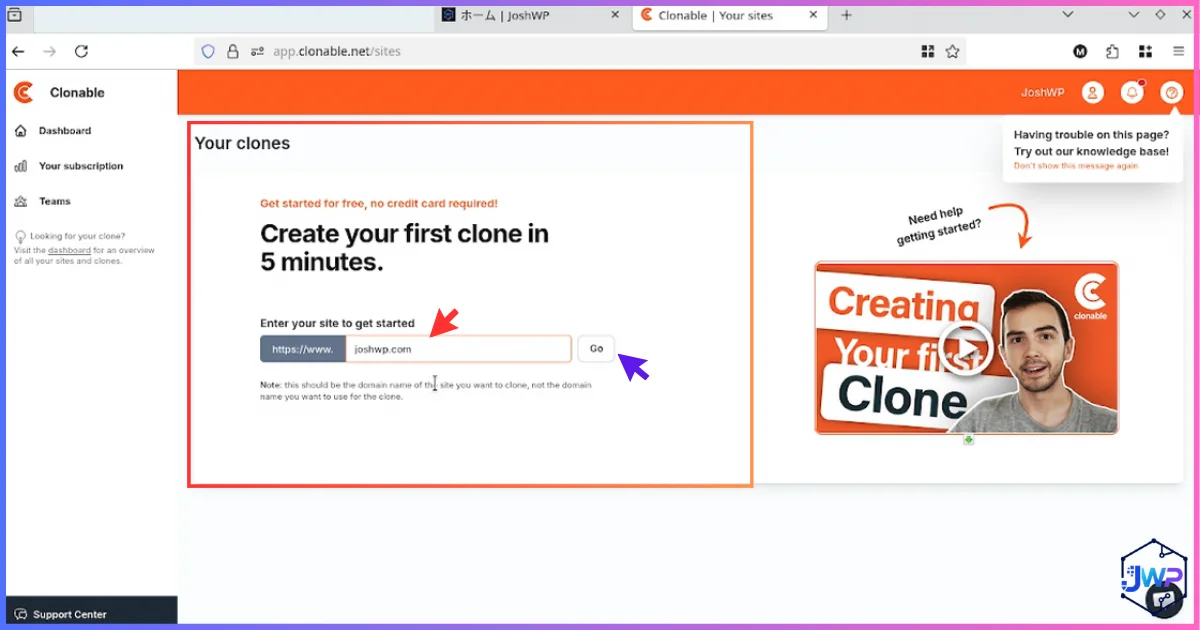 Clonable dashboard screen to enter site URL and generate a new clone