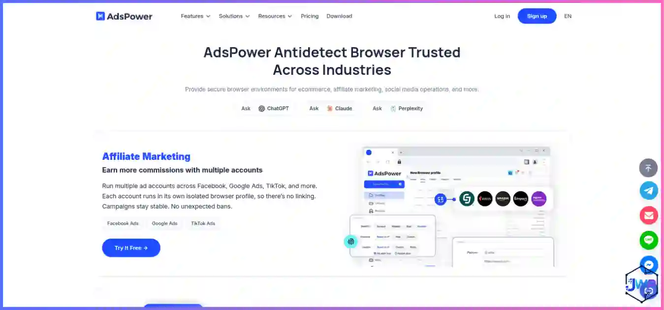 AdsPower anti-detect browser homepage highlighting multi-account automation and RPA templates