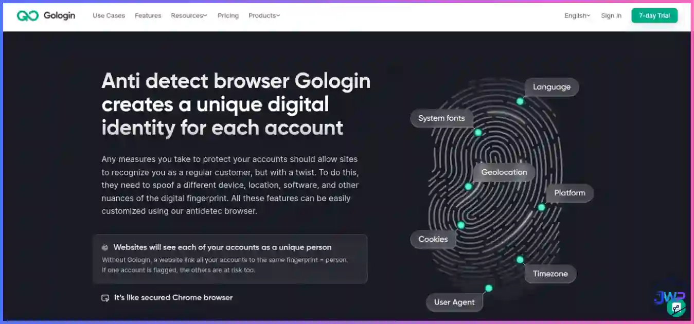 GoLogin anti-detect browser homepage showing the Orbita browser profile dashboard