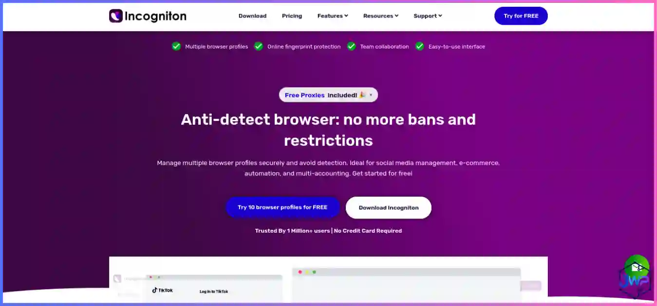 Incogniton anti-detect browser homepage showing free browser profile management dashboard